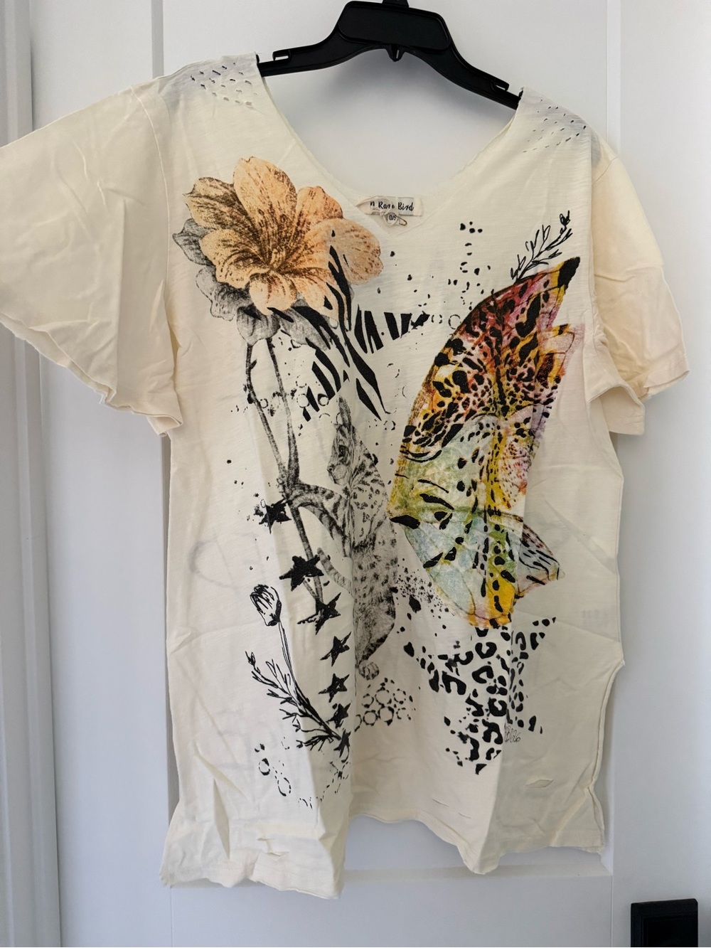 Women's Cream Short Sleeve Butterfly Floral Graphic Tee